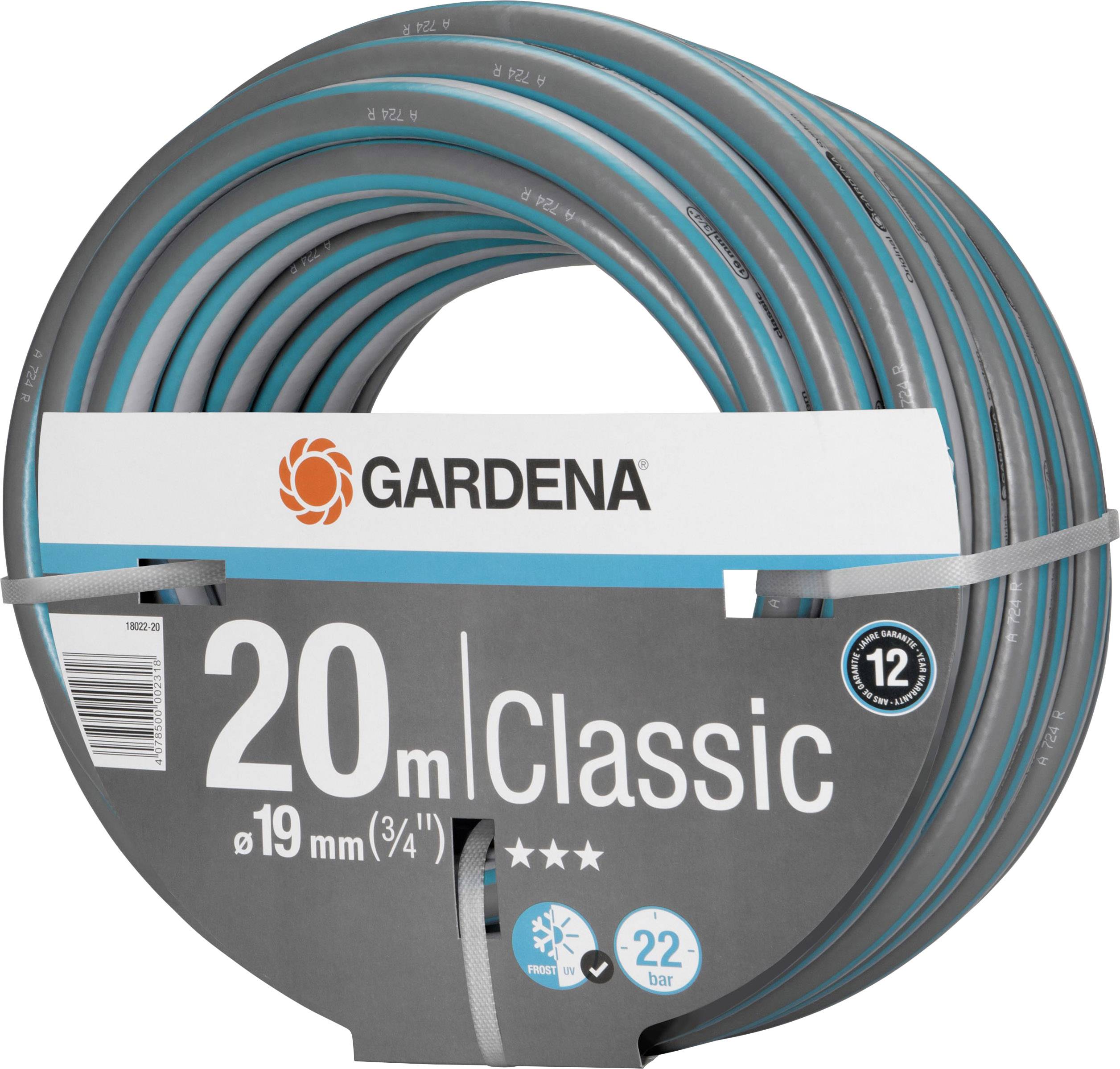 Gartenschlauch 'GARDENA Classic', 20 Meter lang, 19 mm Durchmesser, geeignet für 22 Bar Druck. Verpackung zeigt Markenlogo.