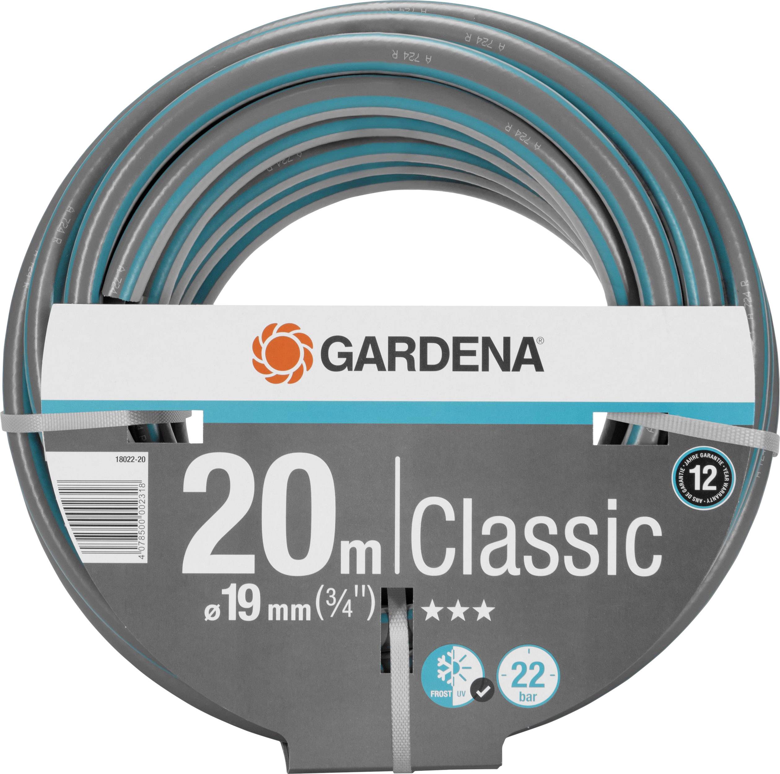 Gartenschlauch 'Gardena Classic', 20 Meter, 19 mm Durchmesser, 22 bar Druck. Entworfen für effiziente Bewässerung.