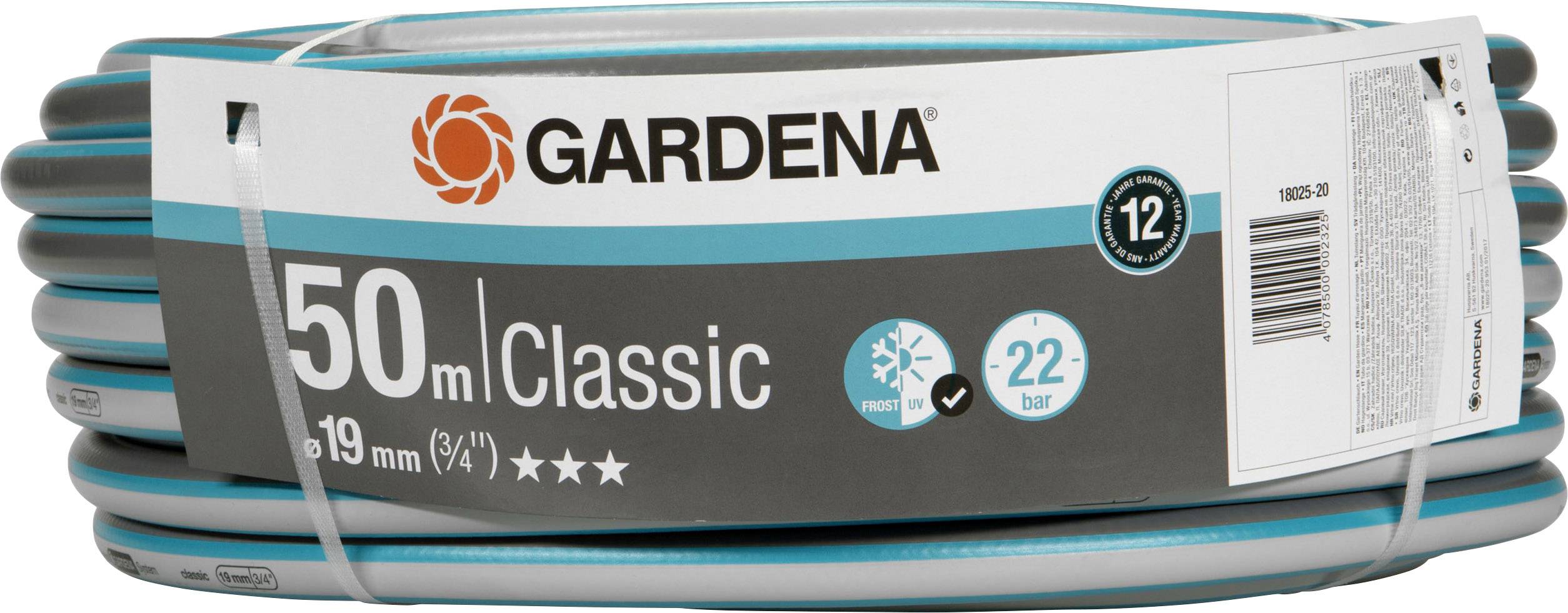 Gartenschlauch von GARDENA, 50 m lang, 19 mm Durchmesser, 12 Jahre Garantie, geeignet für 22 bar Druck, frost- und UV-beständig.