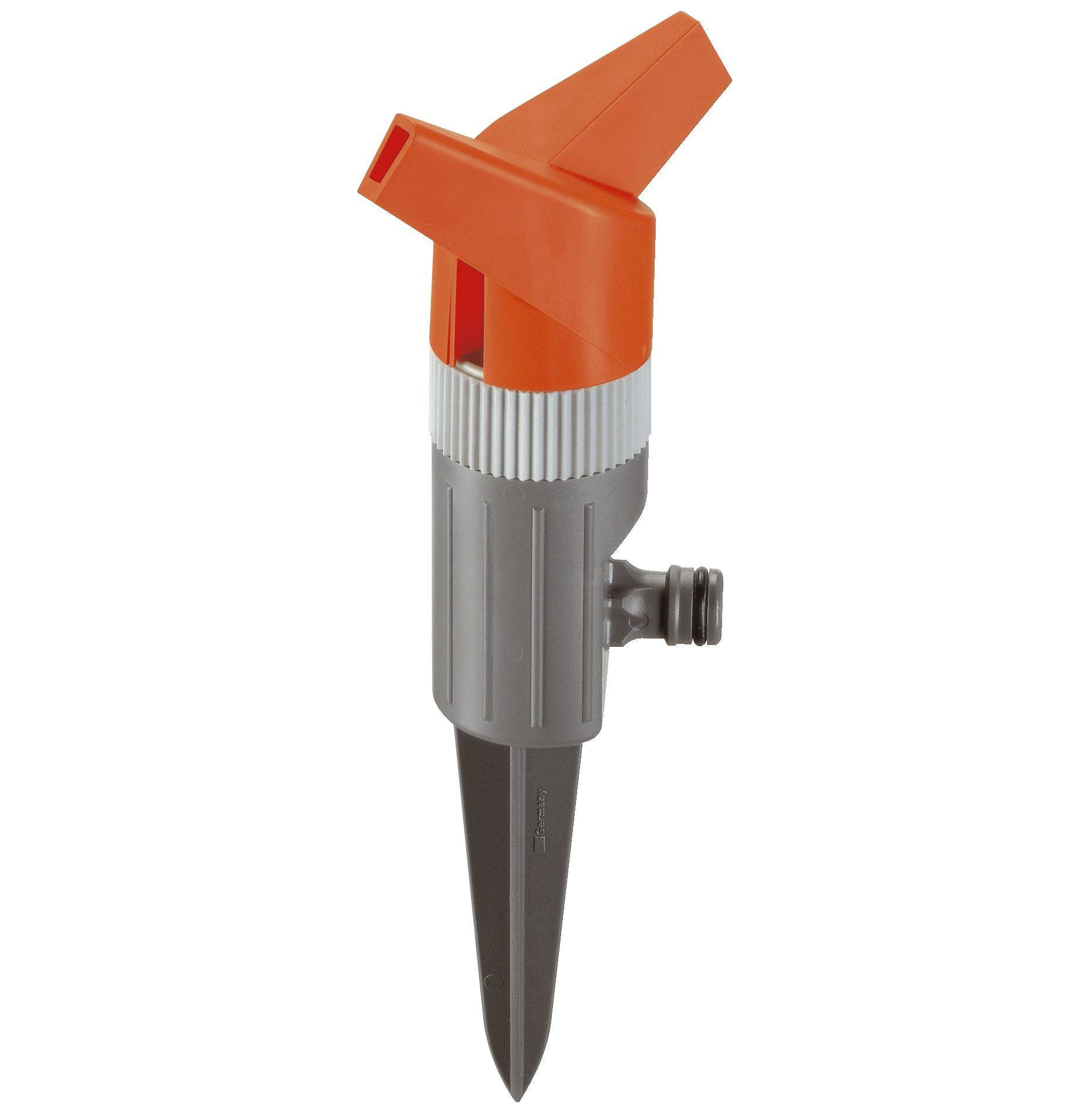 Bewässerungsregner mit orangefarbenem Kopf und grauem Spieß, ideal für Gartenbewässerung und einfache Installation in der Erde.