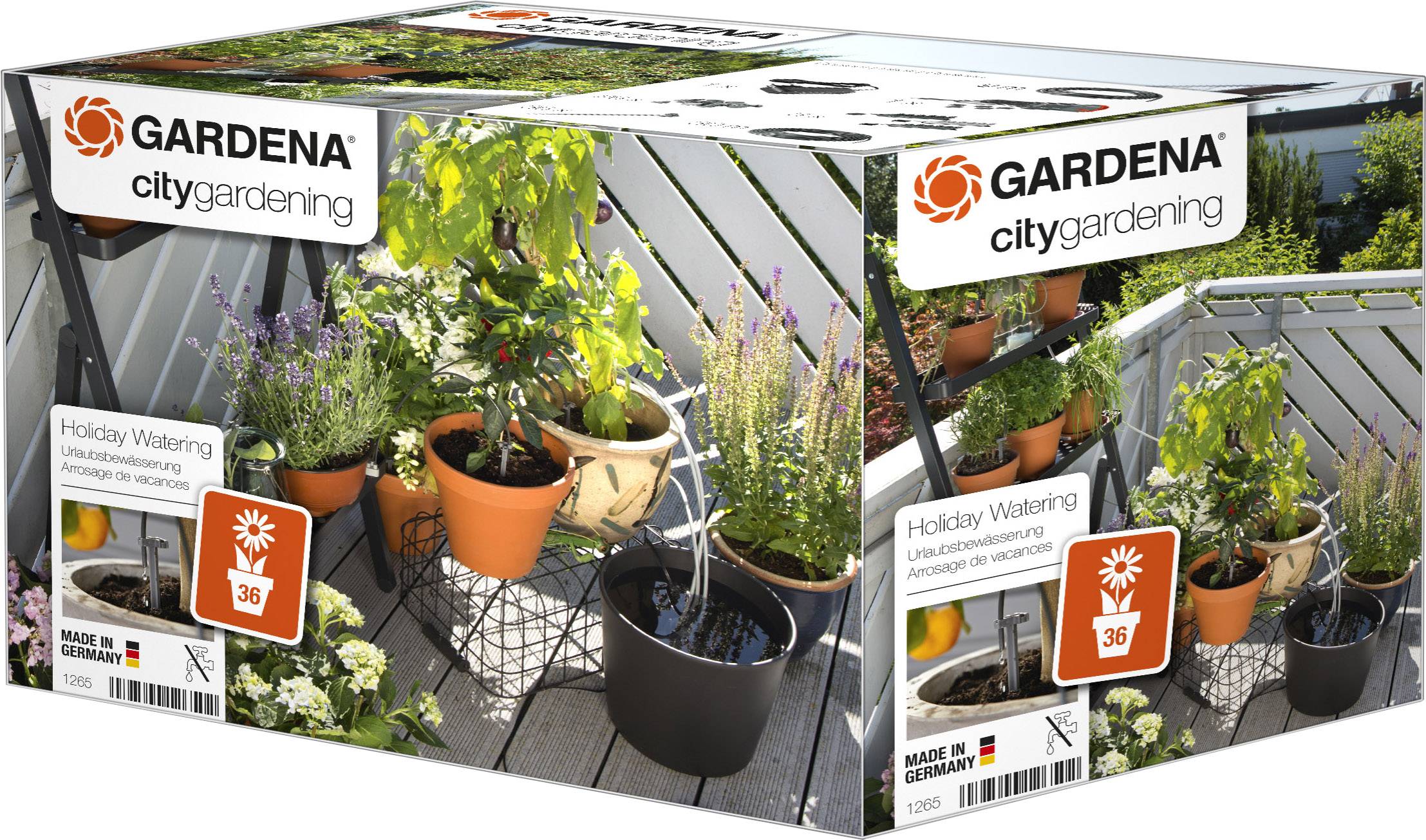 Produktverpackung von 'Gardena city gardening', zeigt Topfpflanzen auf einem Balkon mit automatischem Bewässerungssystem, geeignet für bis zu 36 Pflanzen.