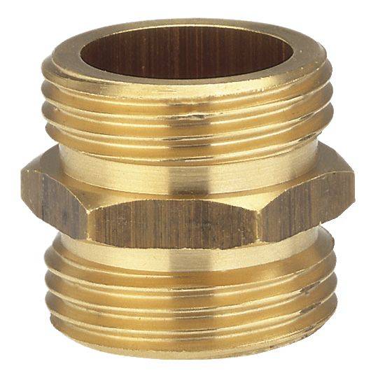 Eine goldene, zylindrische Gewindemuffe aus Metall, mit einer sechseckigen Erhebung in der Mitte, auf einem weißen Hintergrund.