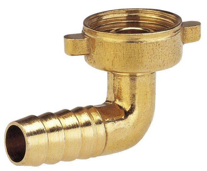 Messing-Schlauchanschlussstück mit geriffeltem Ende und rundem Aufsatz, geeignet für Anschlüsse in Sanitär- und Heizsystemen.