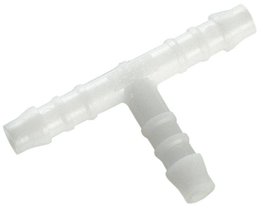 Ein transparenter T-Schlauchverbinder aus Kunststoff, geeignet für die Verbindung von drei Schläuchen in einem Flüssigkeitssystem.