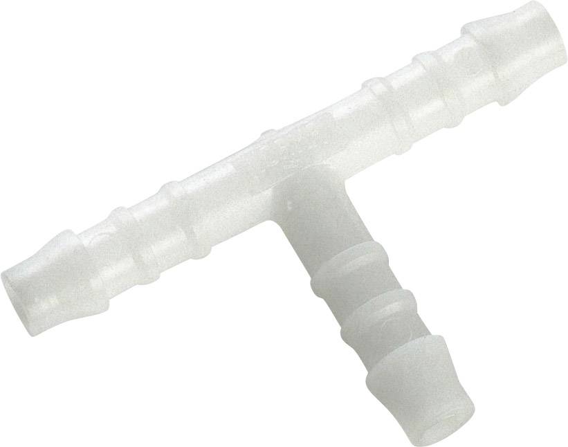 Transparenter T-Stück-Schlauchverbinder aus Kunststoff, verwendet zur Verbindung von drei Schläuchen in einer T-Form.