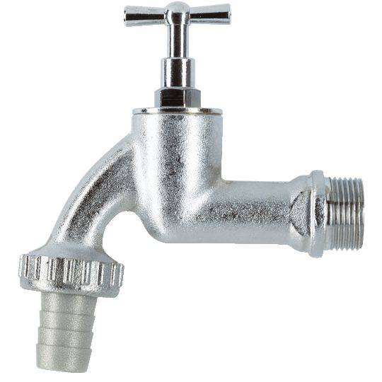 Silberner Wasserhahn mit Drehknauf und Gewindeanschluss, geeignet für Gartenschläuche.
