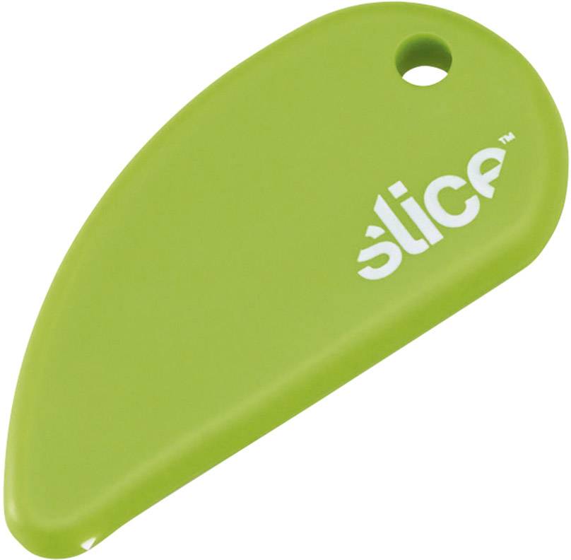 Grüner Sicherheitsklingenöffner mit Loch und dem Schriftzug 'slice' auf der Oberfläche.
