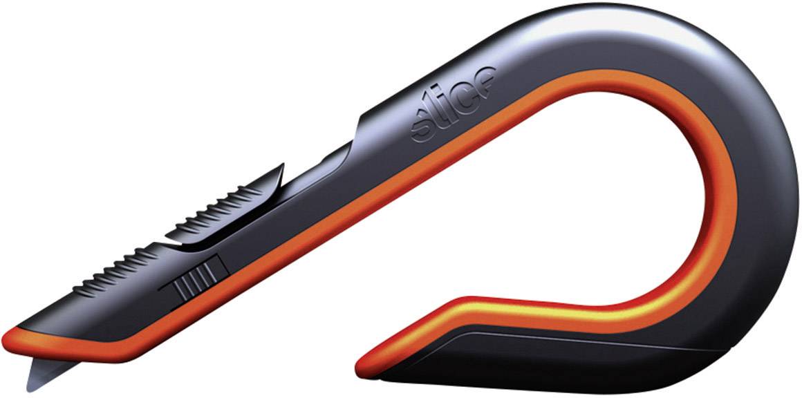 Kunststoff-Schneidemesser mit ergonomischem Griff und eingebauter Klinge. Schwarzes Design mit orangefarbenen Akzenten.