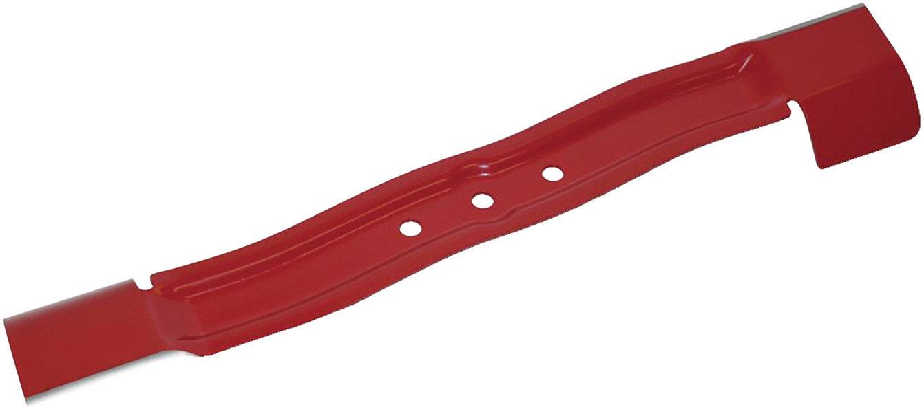 Ein rotes Rasenmähermesser mit drei Löchern in der Mitte, an beiden Enden flach verlängert. Designed für gleichmäßigen Grasschnitt.