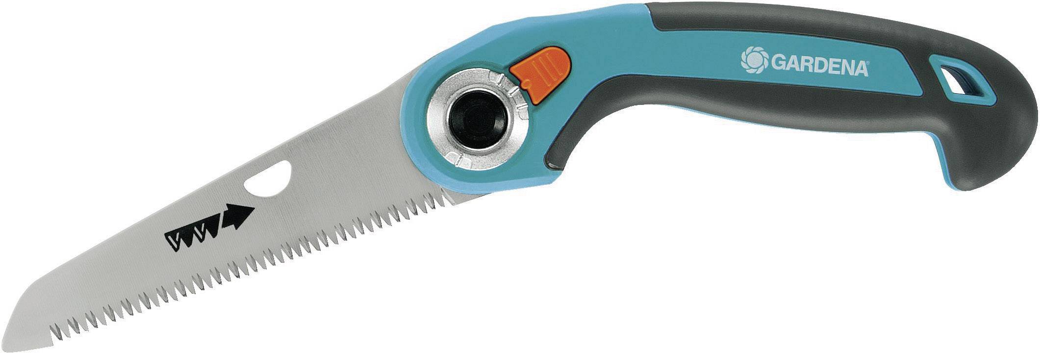 Klappbare Handsäge mit ergonomischem Griff und scharfen Zähnen, geeignet für Gartenarbeiten.