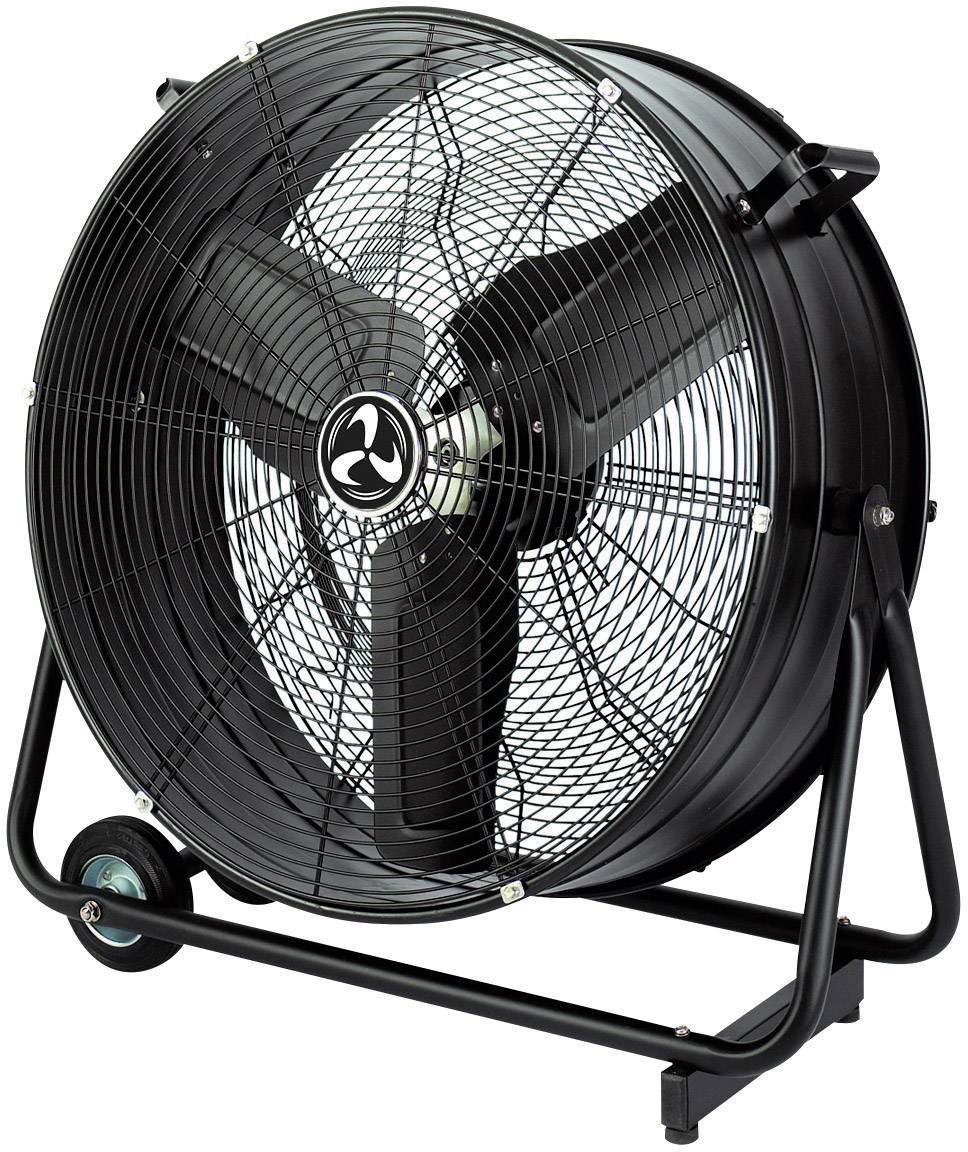Schwarzer industrieller Ventilator auf Rädern, dient zur Luftzirkulation in großen Räumen.