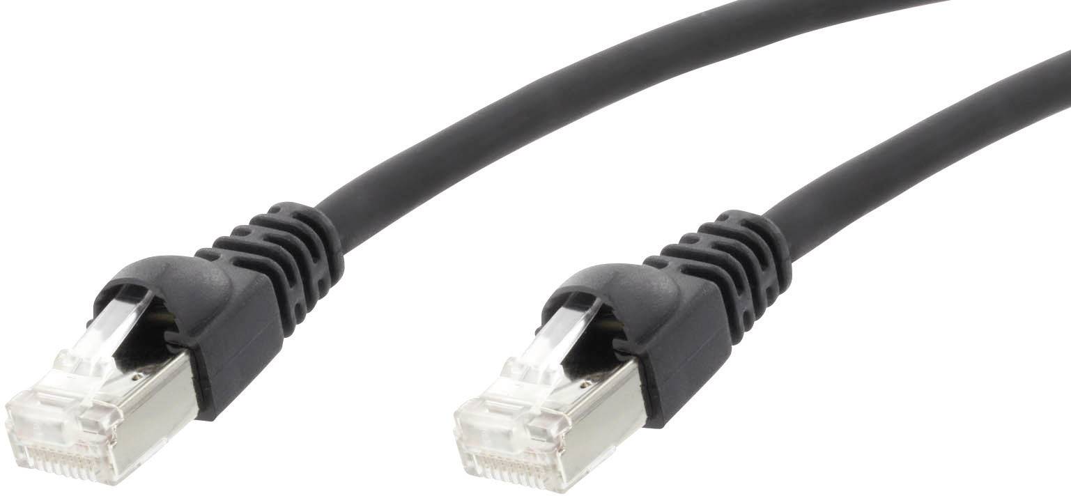 Zwei schwarze Ethernet-Kabel mit RJ45-Steckern an den Enden, verwendet für Netzwerkverbindungen.