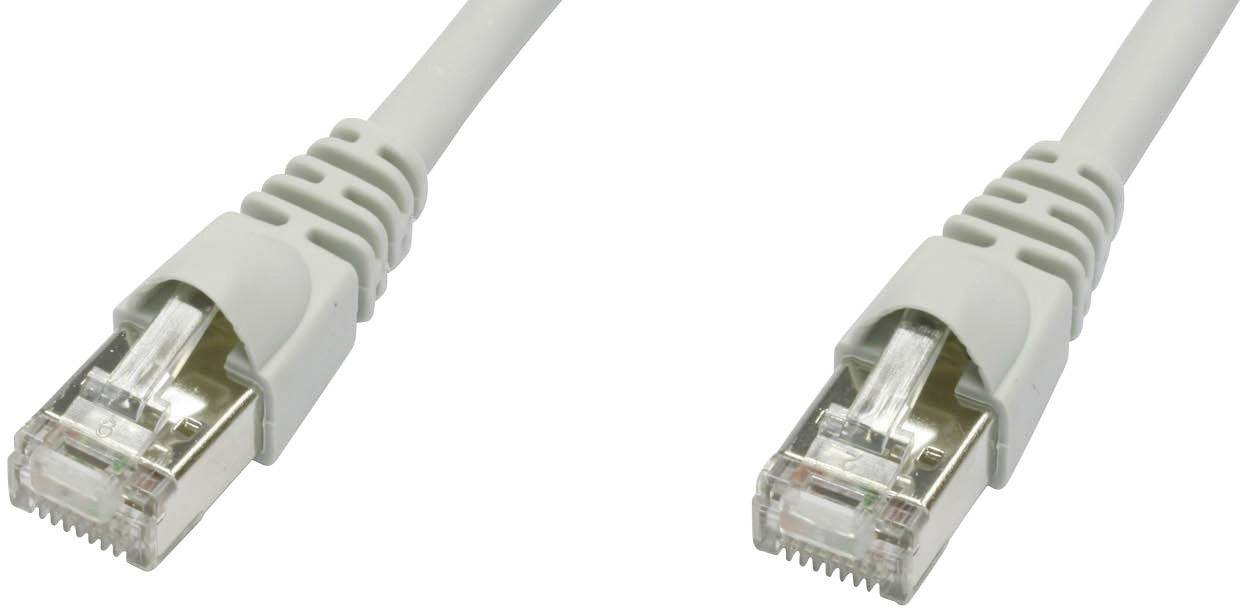 Zwei graue Ethernet-Kabel mit RJ45-Steckern an den Enden, nebeneinander liegend.