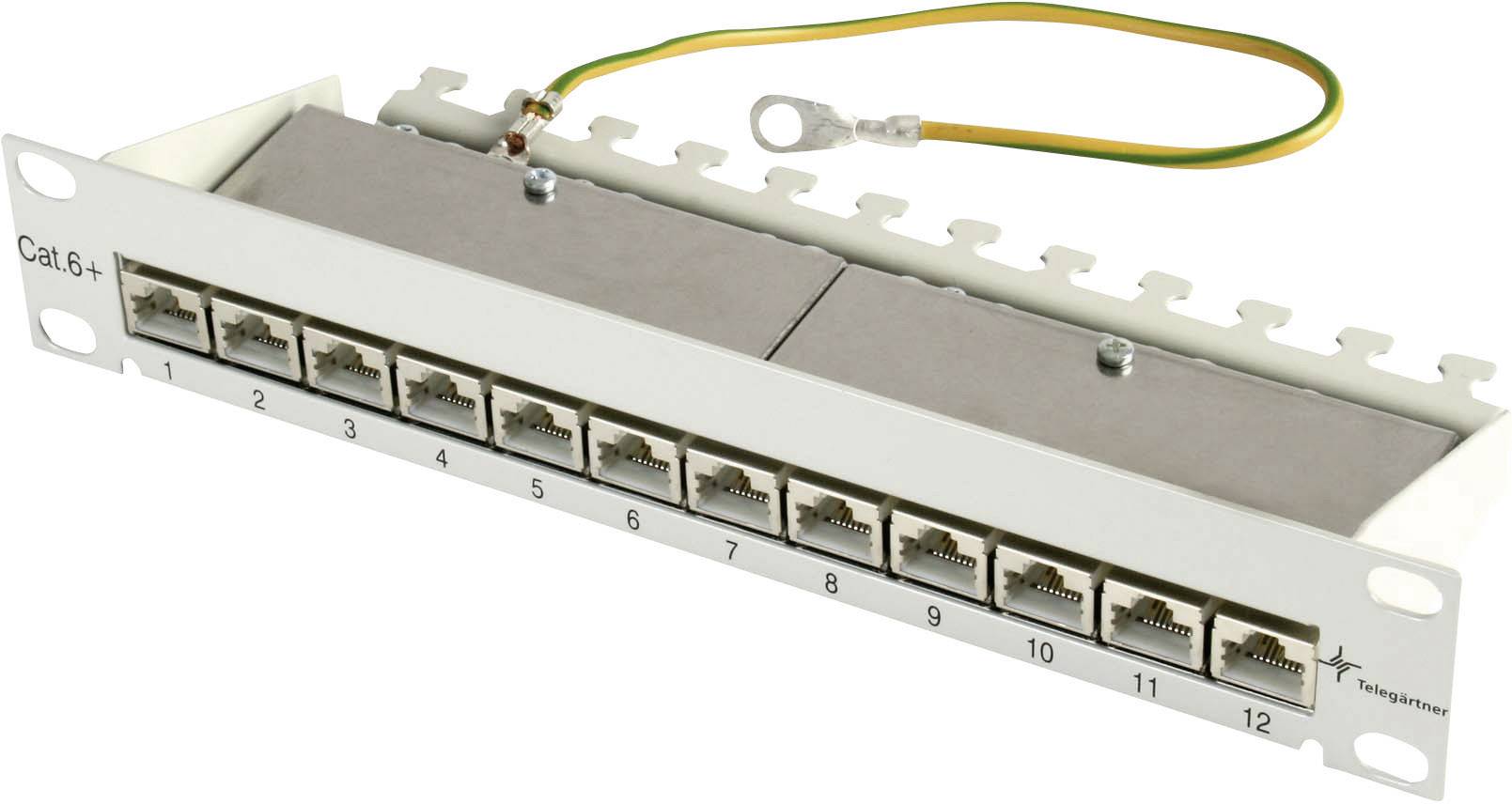 Patchpanel mit 12 Ethernet-Anschlüssen, nummeriert von 1 bis 12, für Netzwerkkabelmanagement und Verbindung in einem Serverschrank.