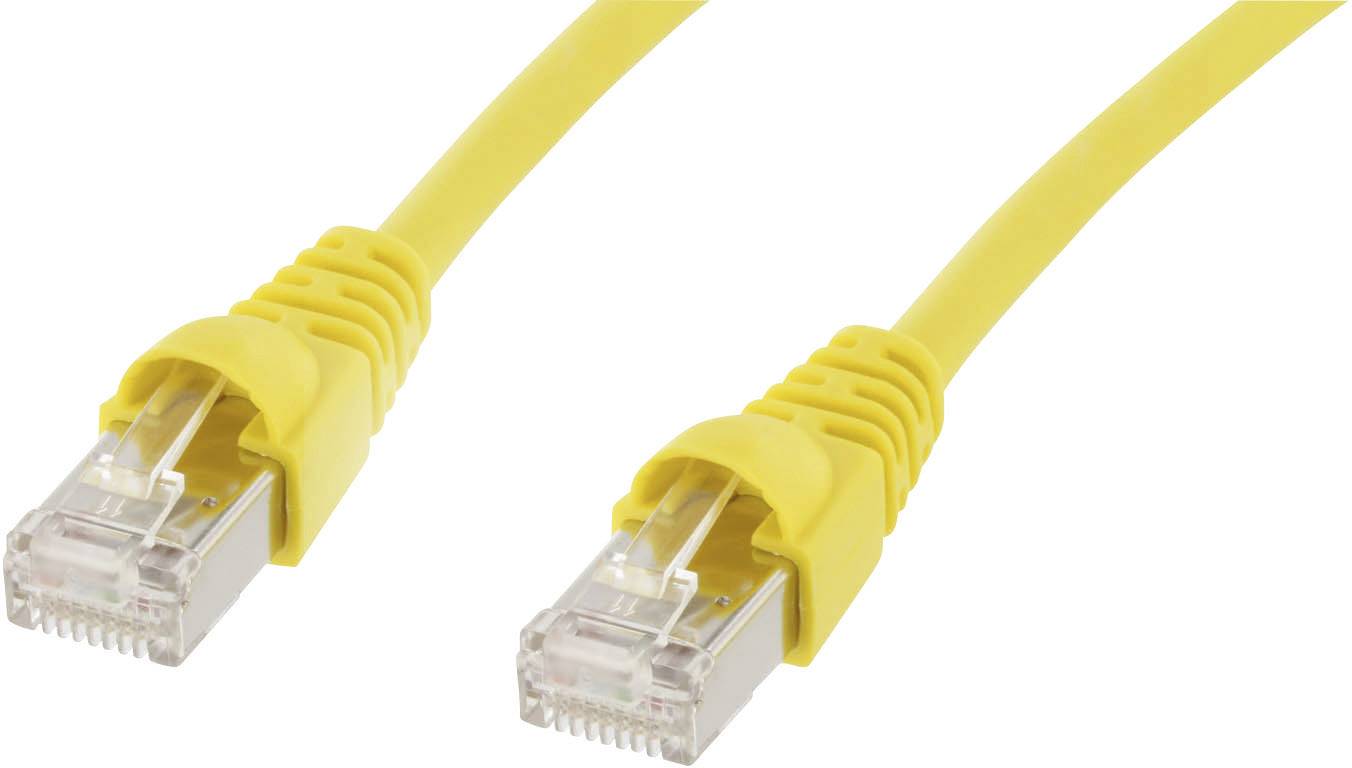 Gelbes Ethernet-Kabel mit zwei RJ-45-Steckern, verwendet zum Verbinden von Computern mit Netzwerken für Datenübertragung.