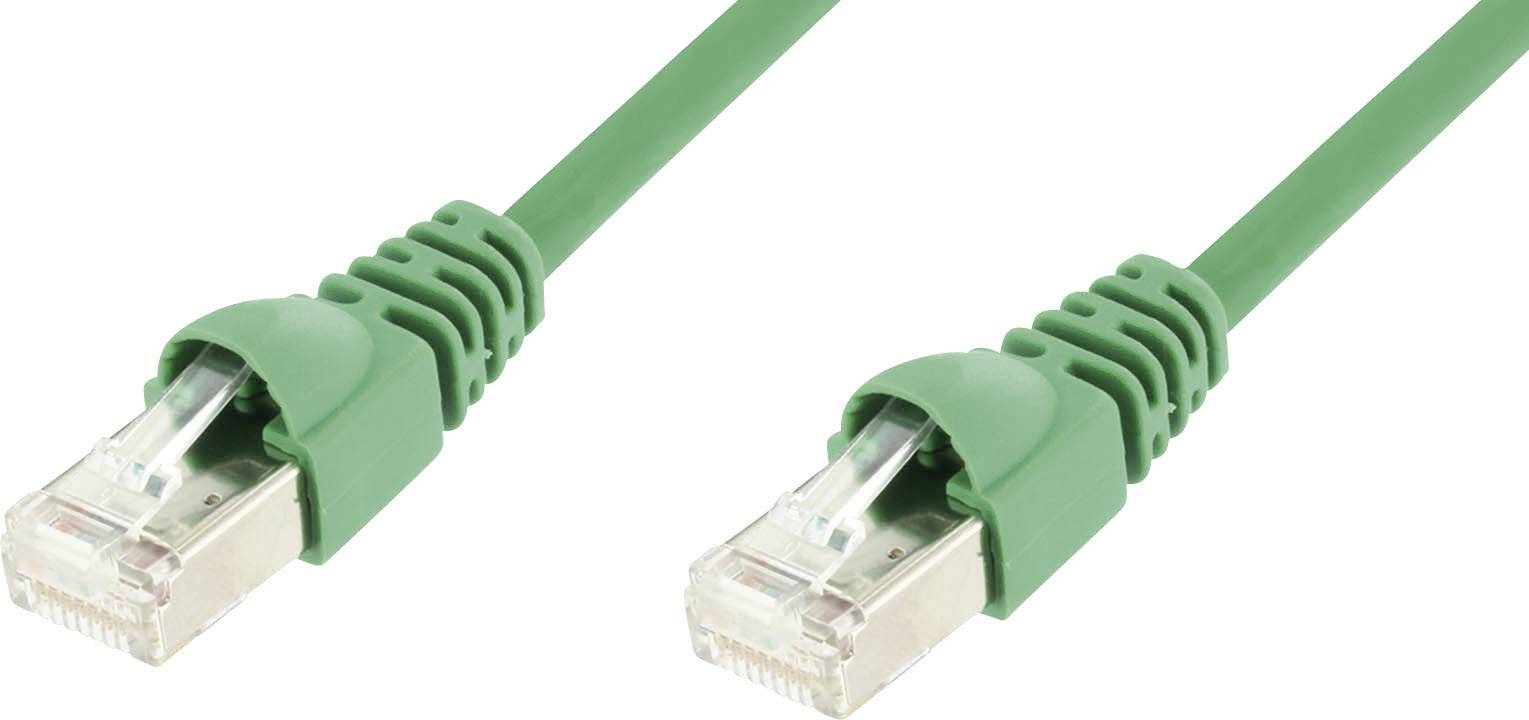 Grünes Ethernet-Kabel mit zwei RJ45-Steckern an den Enden, geeignet für Internetverbindungen und Netzwerke.