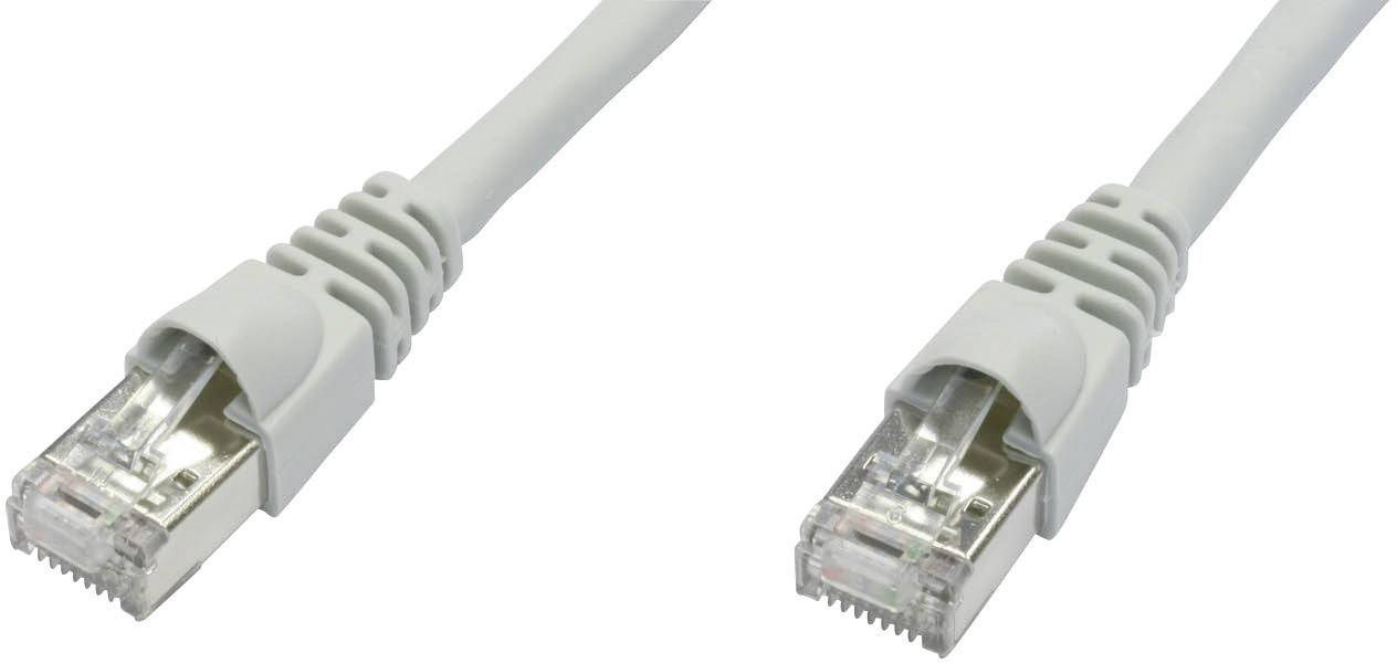 Zwei graue Ethernet-Kabel mit RJ45-Steckern an beiden Enden, geeignet für Netzwerkverbindungen.