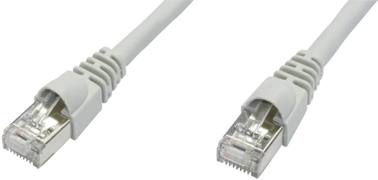 Zwei graue Ethernet-Kabel mit Metallsteckern, Steckerseiten zueinander gerichtet.
