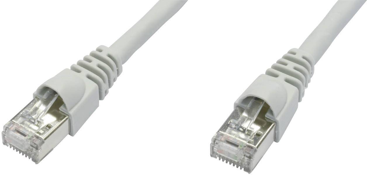 Ein graues Ethernet-Kabel mit zwei RJ-45 Steckern an den Enden. Es wird oft für Netzwerkverbindungen verwendet.