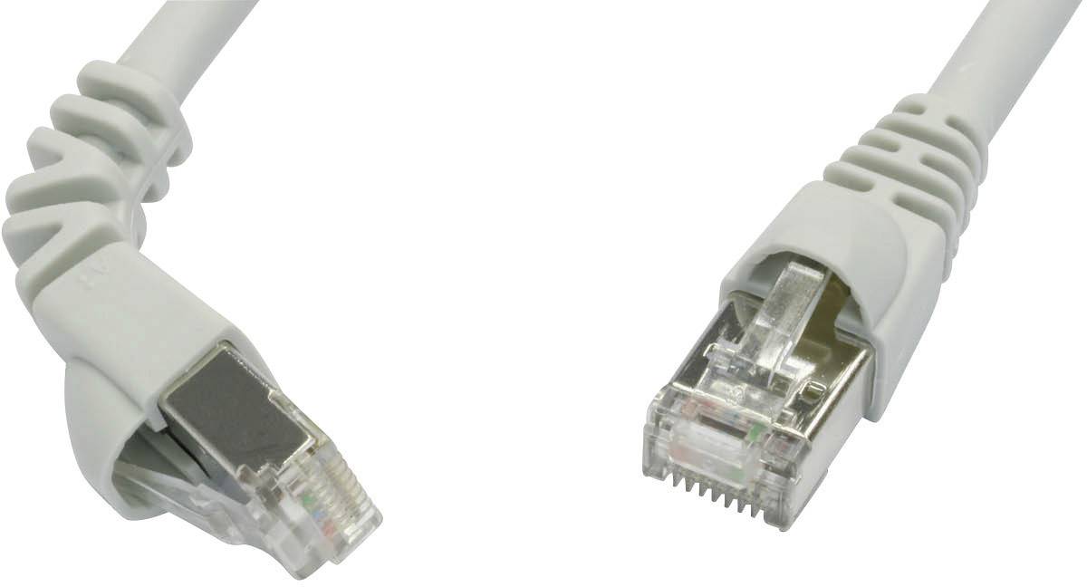 Ein graues Ethernet-Kabel mit zwei RJ45-Steckern an den Enden, das zum Verbinden von Netzwerkgeräten verwendet wird.