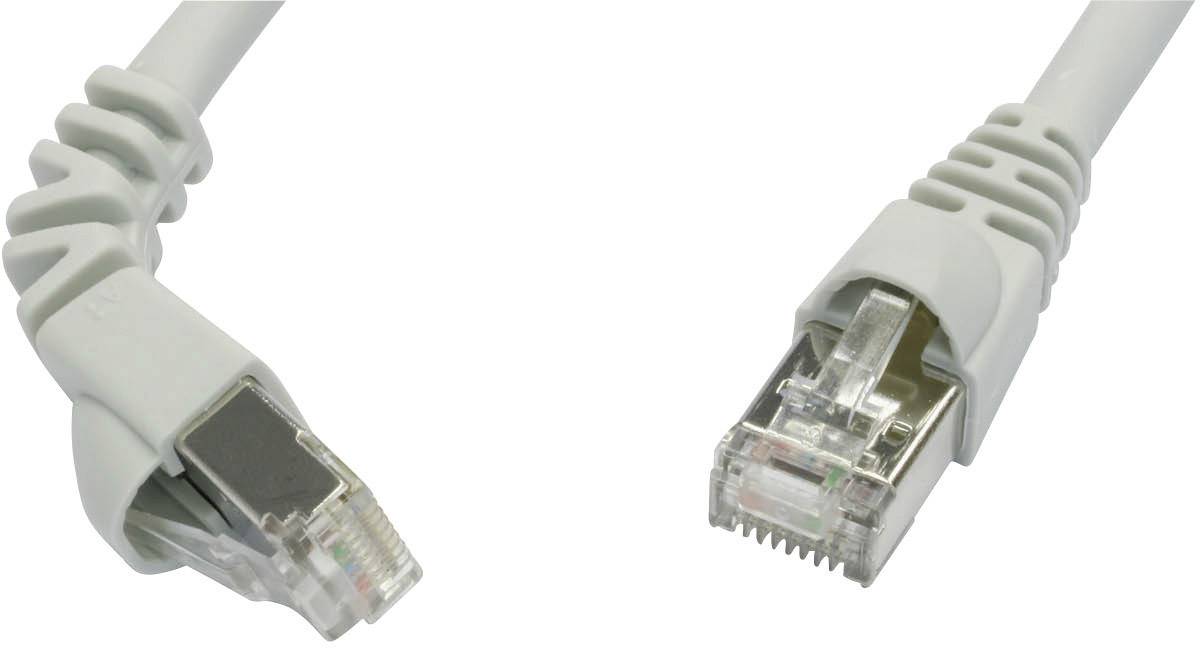 Graues Ethernet-Kabel mit zwei RJ45-Steckern für Netzwerkanwendungen.