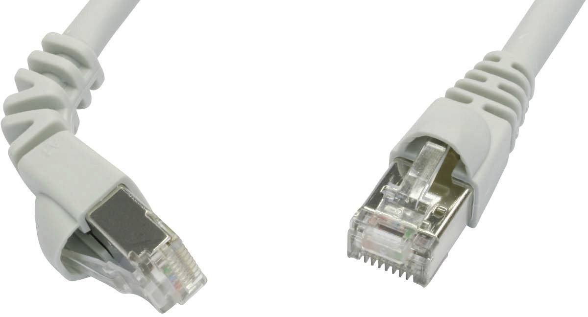 Zwei RJ45-Ethernet-Kabelstecker mit grauen Kabeln, die nebeneinander liegen.