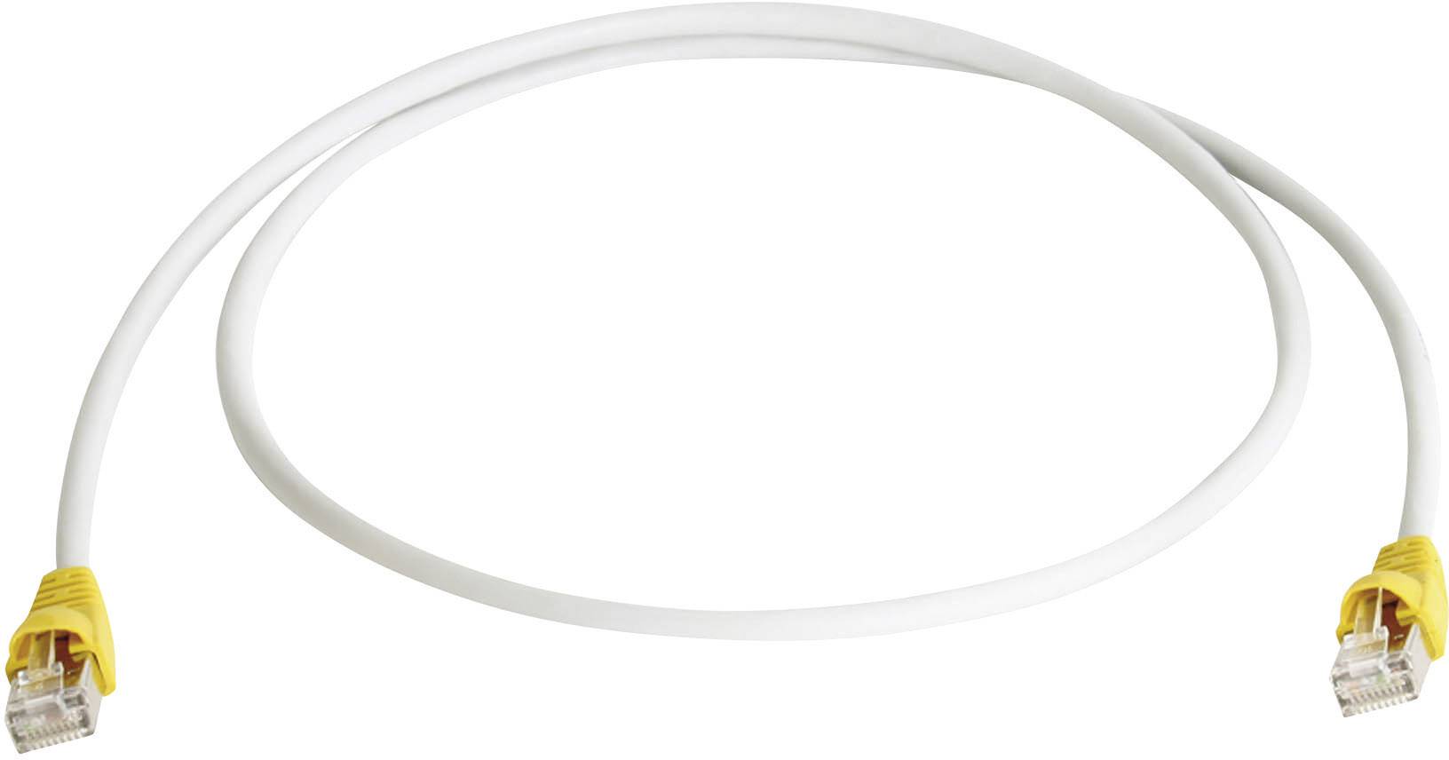 Ein weißes Ethernet-Kabel mit gelben Steckern an beiden Enden liegt in einer ovalen Form.