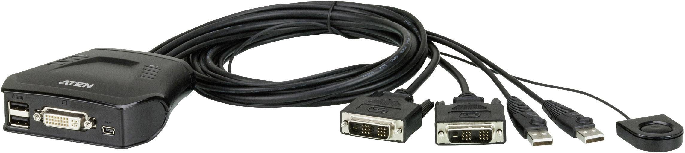 Ein KVM-Switch mit Kabeln und Anschlüssen zur Verbindung mehrerer Computer, ermöglicht das Umschalten zwischen Geräten mit einer Taste.
