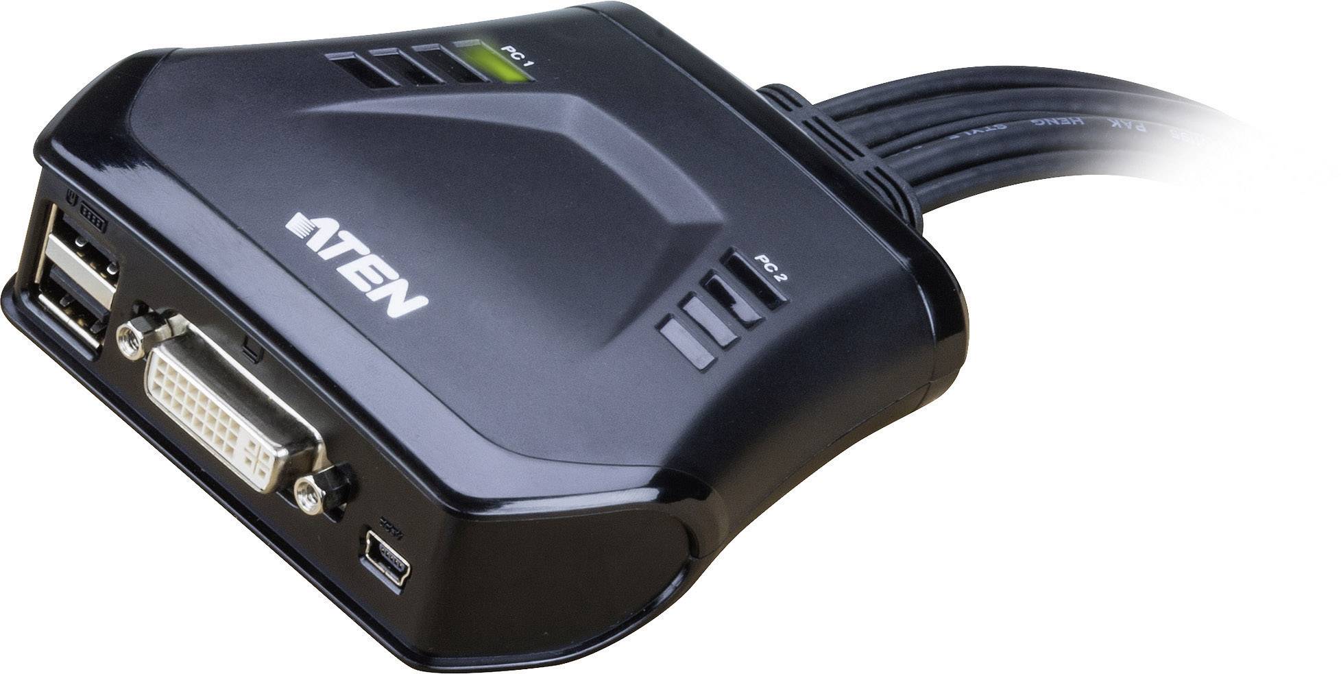 Schwarzer KVM-Switch mit ATEN-Logo, verfügt über DVI, USB-Anschlüsse und Bedienelemente oben, geeignet für die Steuerung mehrerer Computer.
