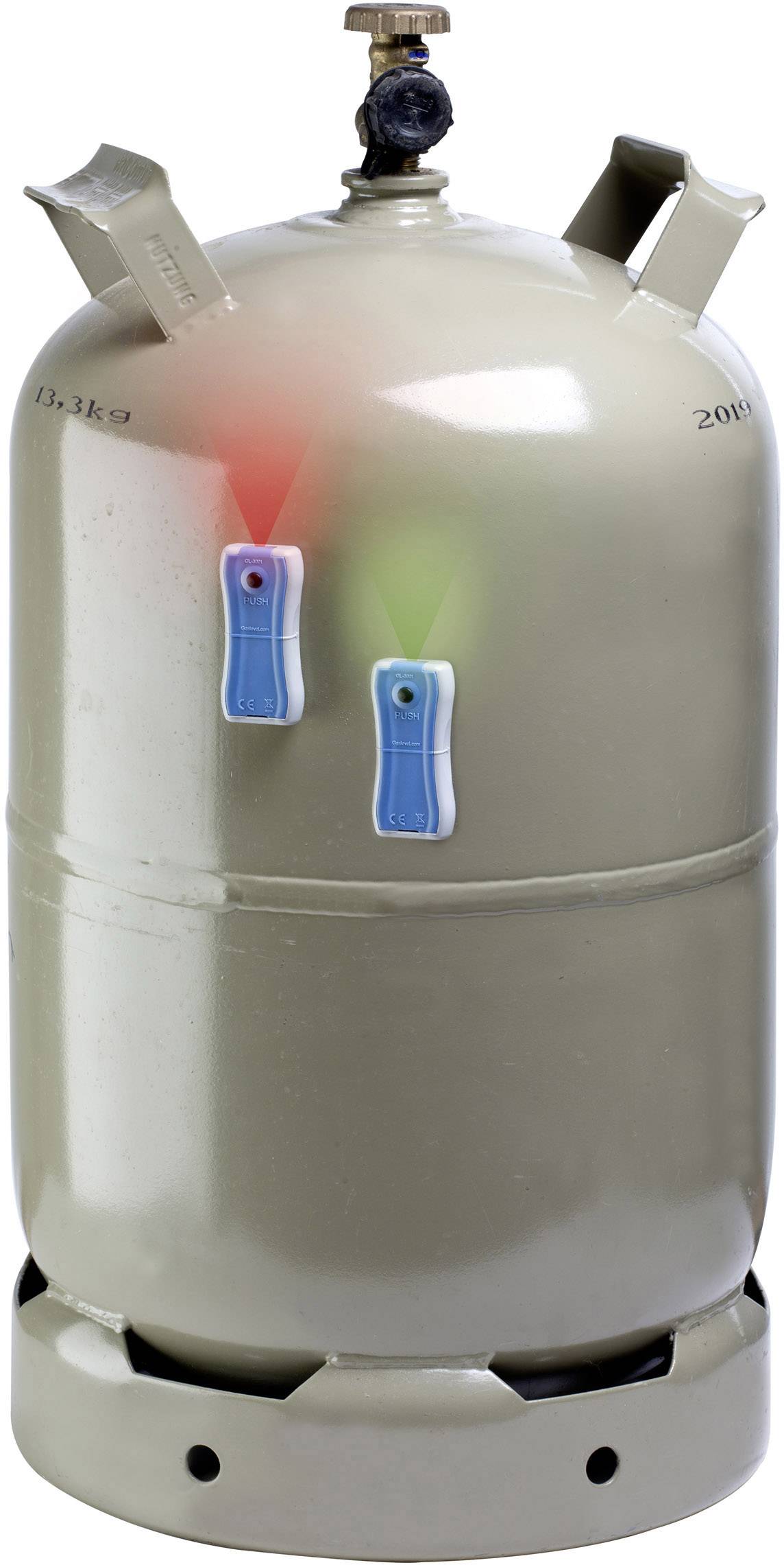 Eine gasflasche mit zwei farbigen Markierungen, einer roten und einer grünen, die den Druckstatus anzeigen.