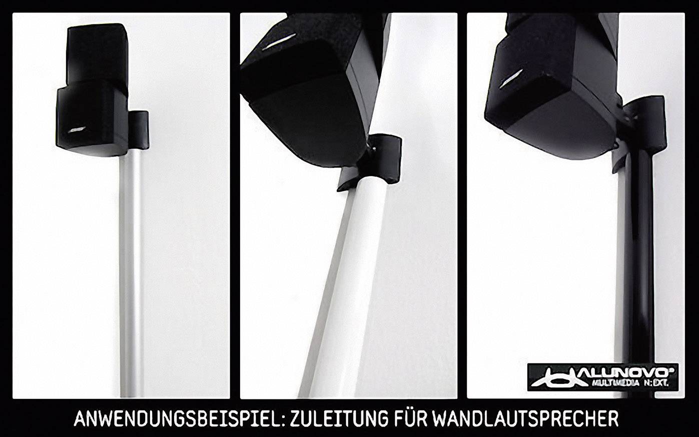Drei Bilder zeigen eine Rohrleitung für Wandlautsprecher in verschiedenen Winkeln. Unten steht: Anwendungsbeispiel: Zuleitung für Wandlautsprecher.