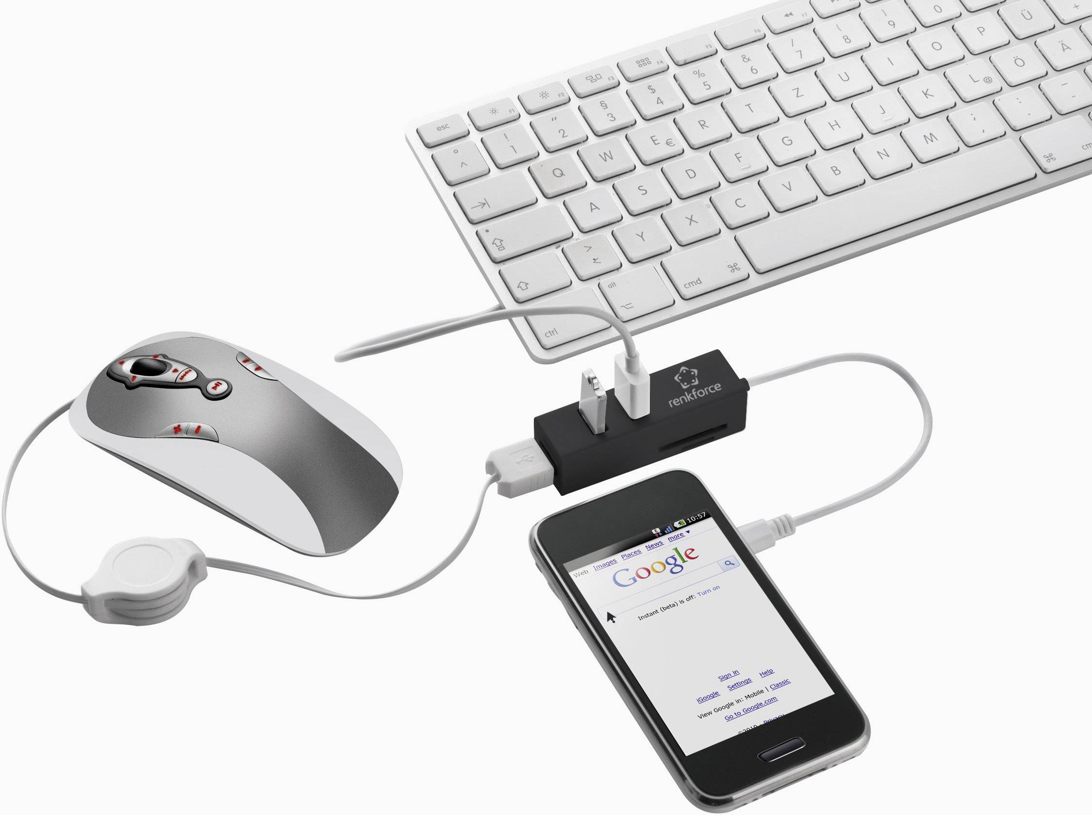 Eine Computermaus und Tastatur sind mit einem Smartphone verbunden, das eine Google-Suchseite zeigt, über einen USB-Hub.