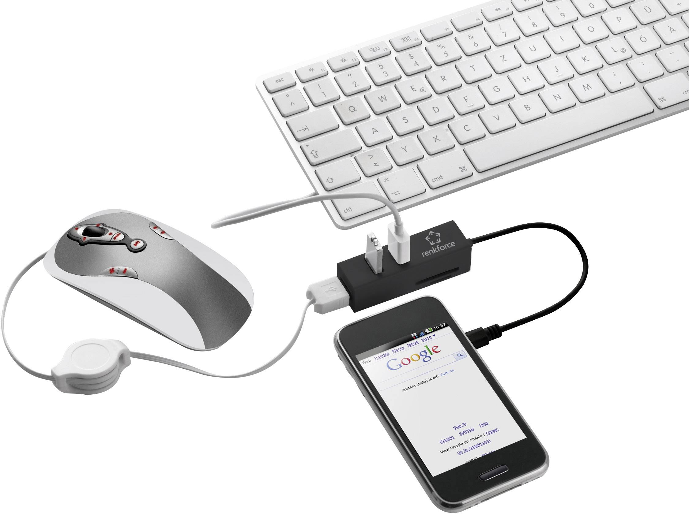 Eine Computermaus, Tastatur und Smartphone sind mittels eines USB-Hubs verbunden. Das Smartphone zeigt die Google-Startseite.