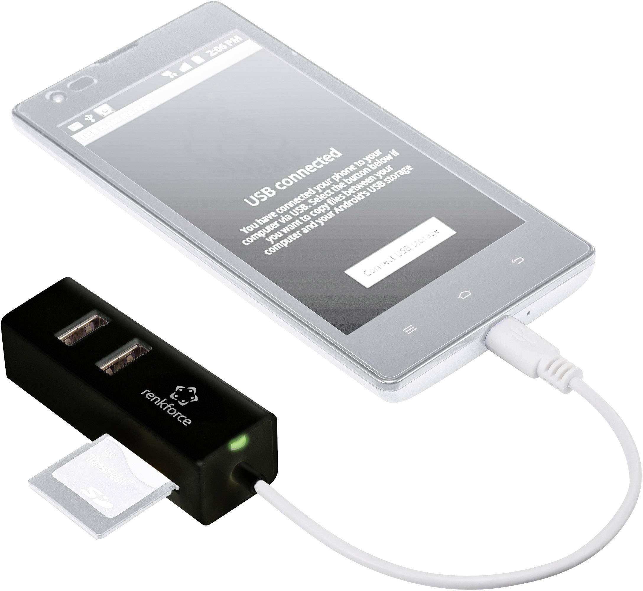 Ein Smartphone ist über ein USB-Kabel mit einem Adapter verbunden, der zwei USB-Anschlüsse und einen SD-Kartenleser hat.
