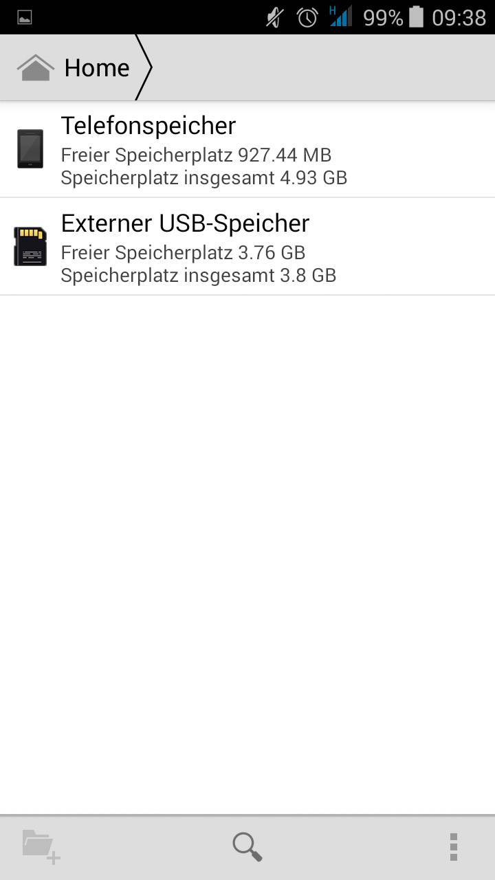 Telefonspeicher: Freier Speicherplatz 927,44 MB von insgesamt 4,93 GB. Externer USB-Speicher: Freier Speicherplatz 3,76 GB von insgesamt 3,8 GB.