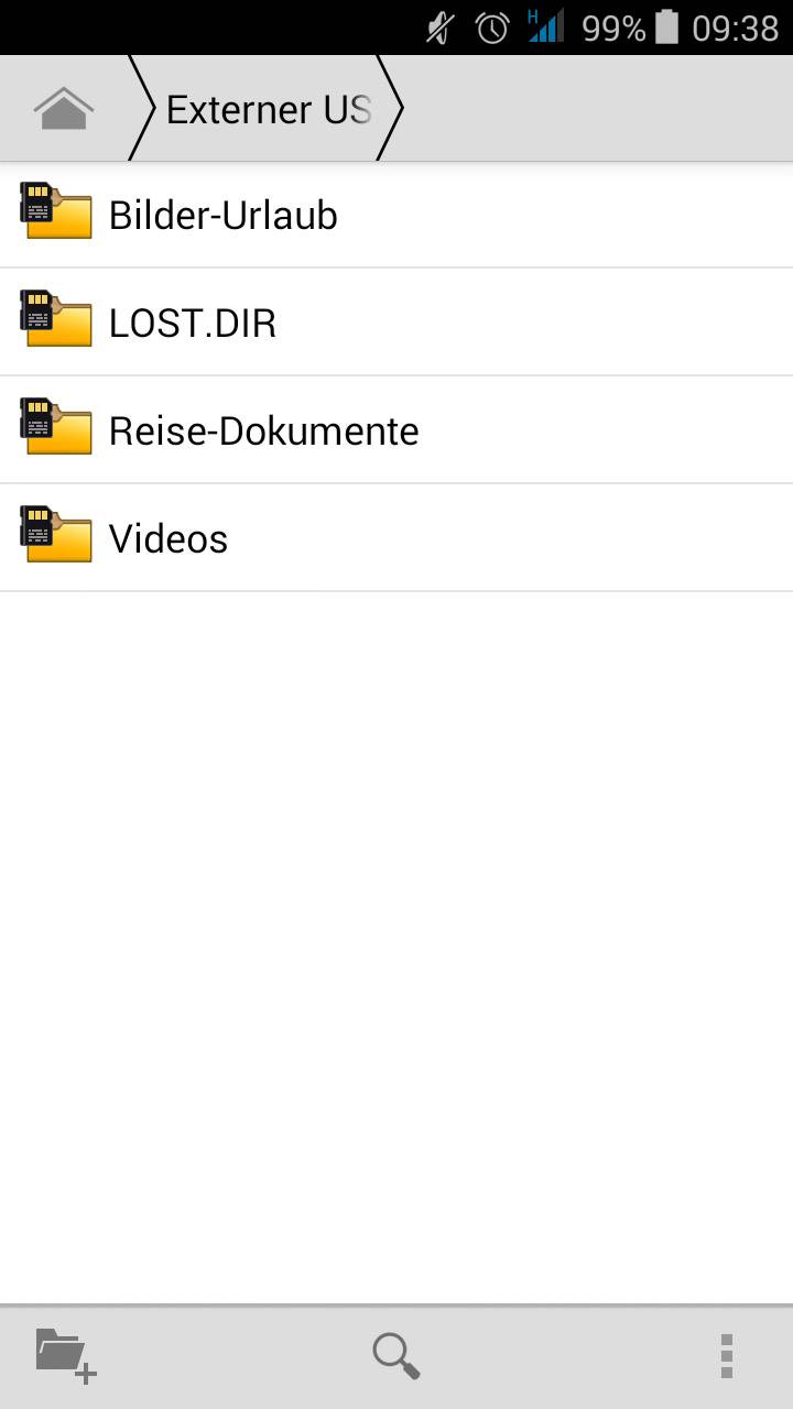 Externe USB-Ordnerübersicht auf einem Smartphone mit vier Ordnern: 'Bilder-Urlaub', 'LOST.DIR', 'Reise-Dokumente', 'Videos'. Oben Akkustand und Uhrzeit angezeigt.