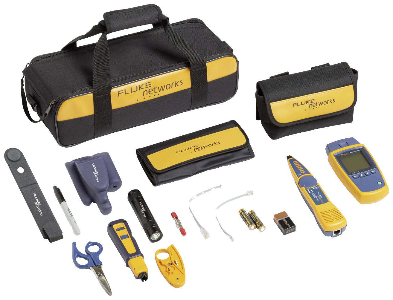 Werkzeugset für Netzwerktechnik, bestehend aus Zangen, Schere, Kabelprüfer, Markern und Taschen zur Aufbewahrung.