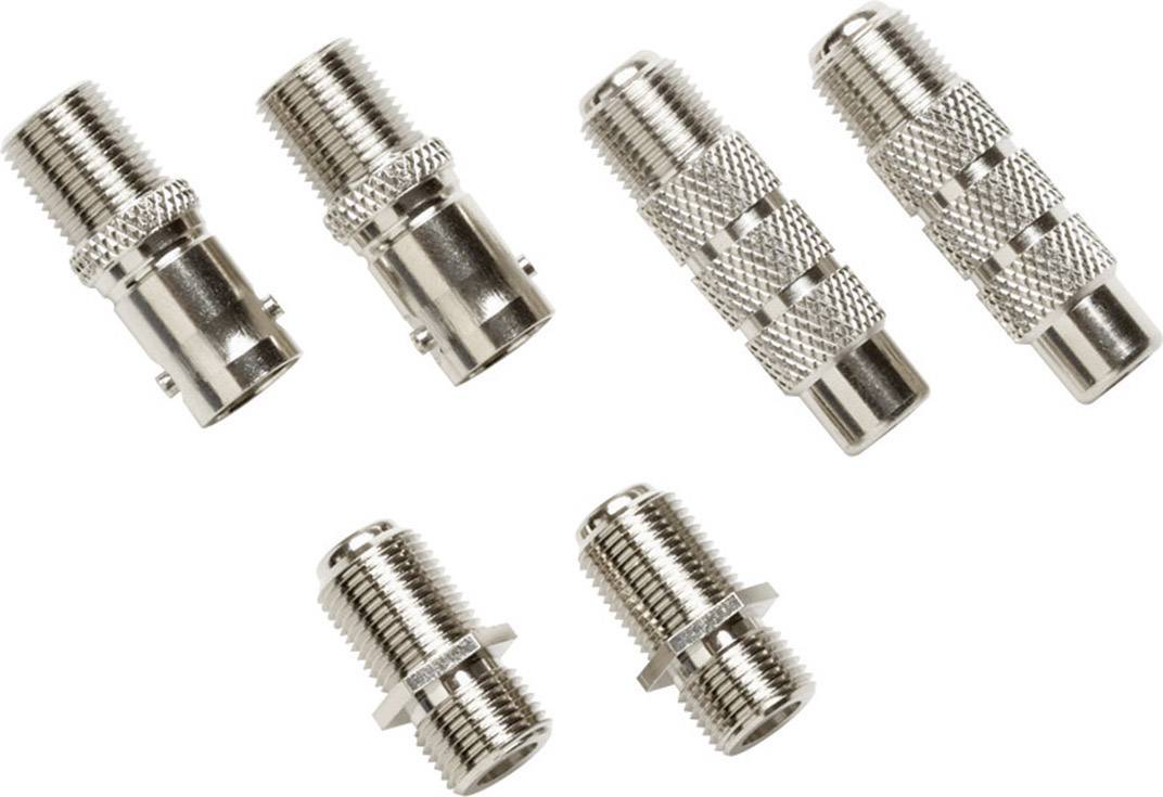 Sechs verschiedene metallische Koaxialstecker in zwei Reihen, unterschiedliche Formen und Gewinde, auf weißem Hintergrund.