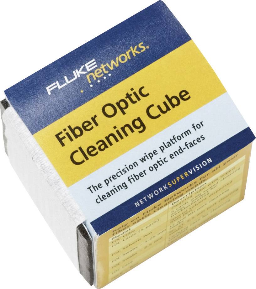 'Fiber Optic Cleaning Cube' von Fluke Networks, ein Reinigungstool für Glasfaserenden, auf einer gelben Verpackung dargestellt.