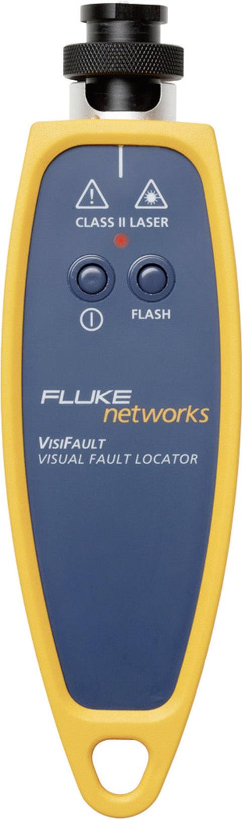 'Fluke Networks VisiFault Visual Fault Locator', ein handgehaltenes Gerät zur Erkennung von Kabelbrüchen, mit zwei Tasten und Warnsymbolen.
