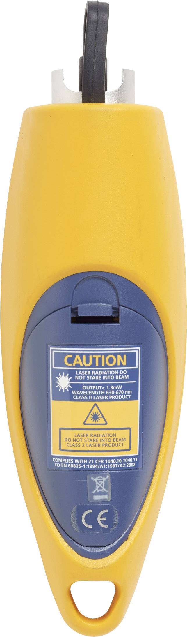 Ein gelbes elektrisches Prüfgerät mit dunkelblauem Etikett, das Sicherheitswarnungen und ein CE-Zeichen zeigt.