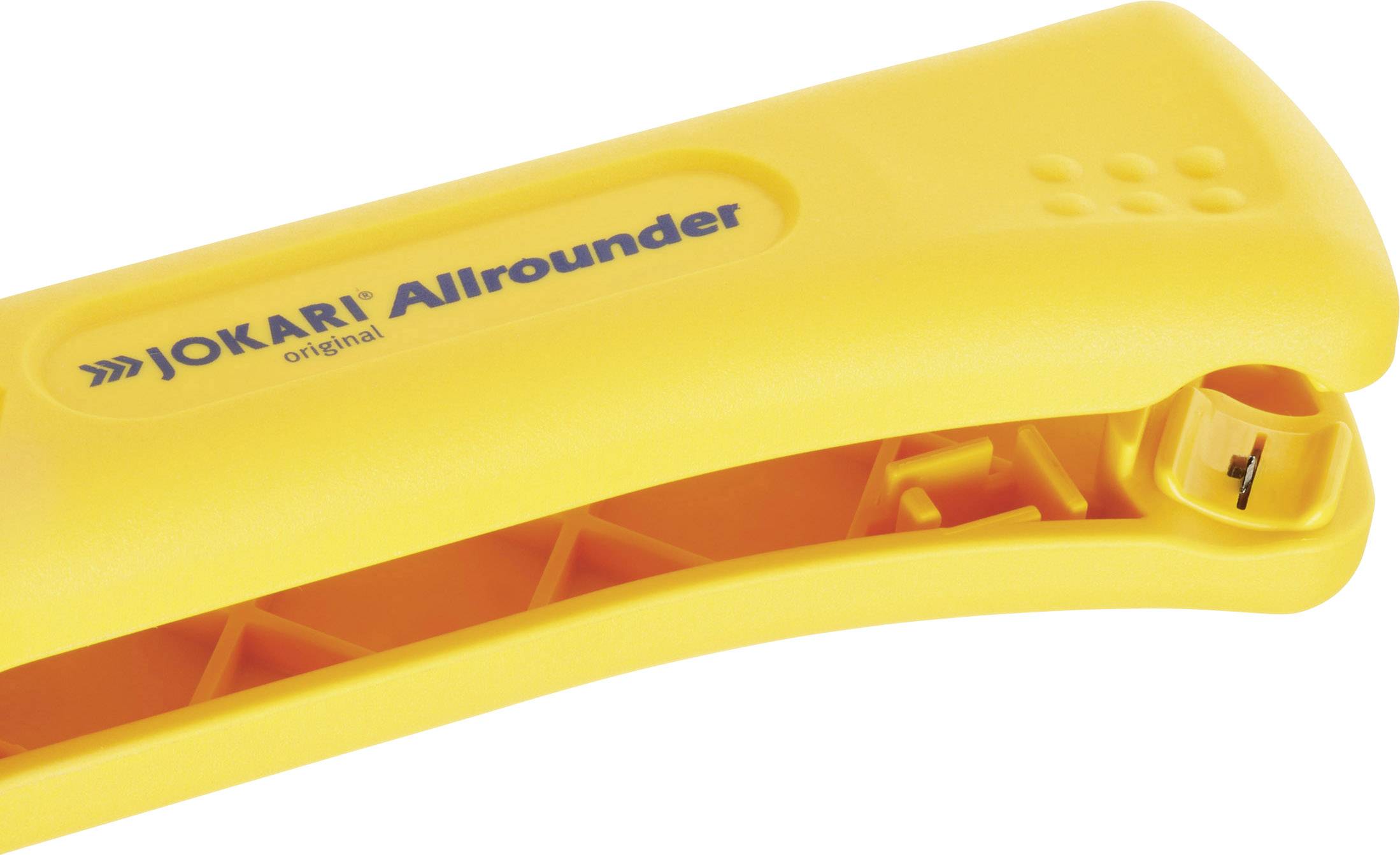 Gelber JOKARI Allrounder Abisolierer, ergonomische Form, zum Abisolieren von Kabeln.