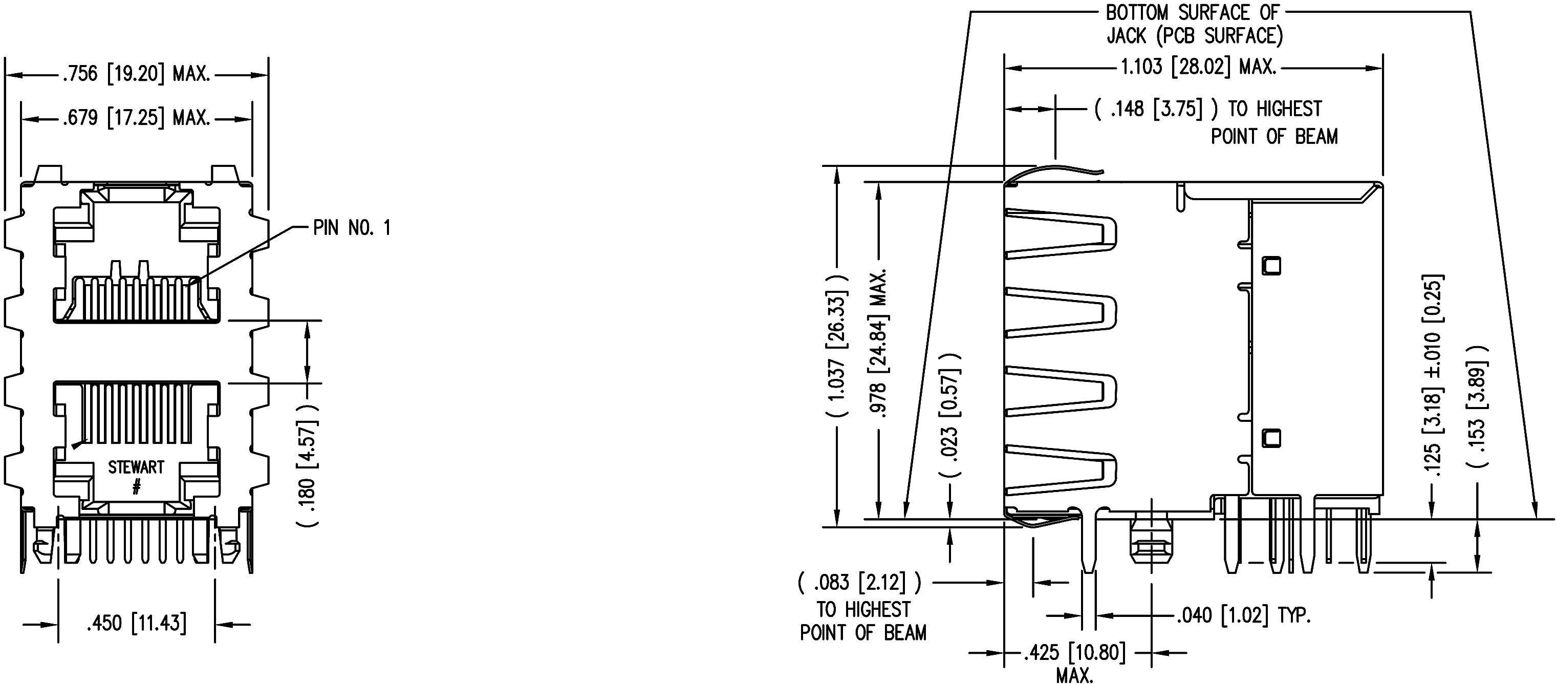BEL Stewart Connectors SS-738811S-PG4-AC Modular-Einbaubuchse Doppelstock 2x1 Port geschirmt Cat.5 SS-738811S-PG4-AC Buchse
