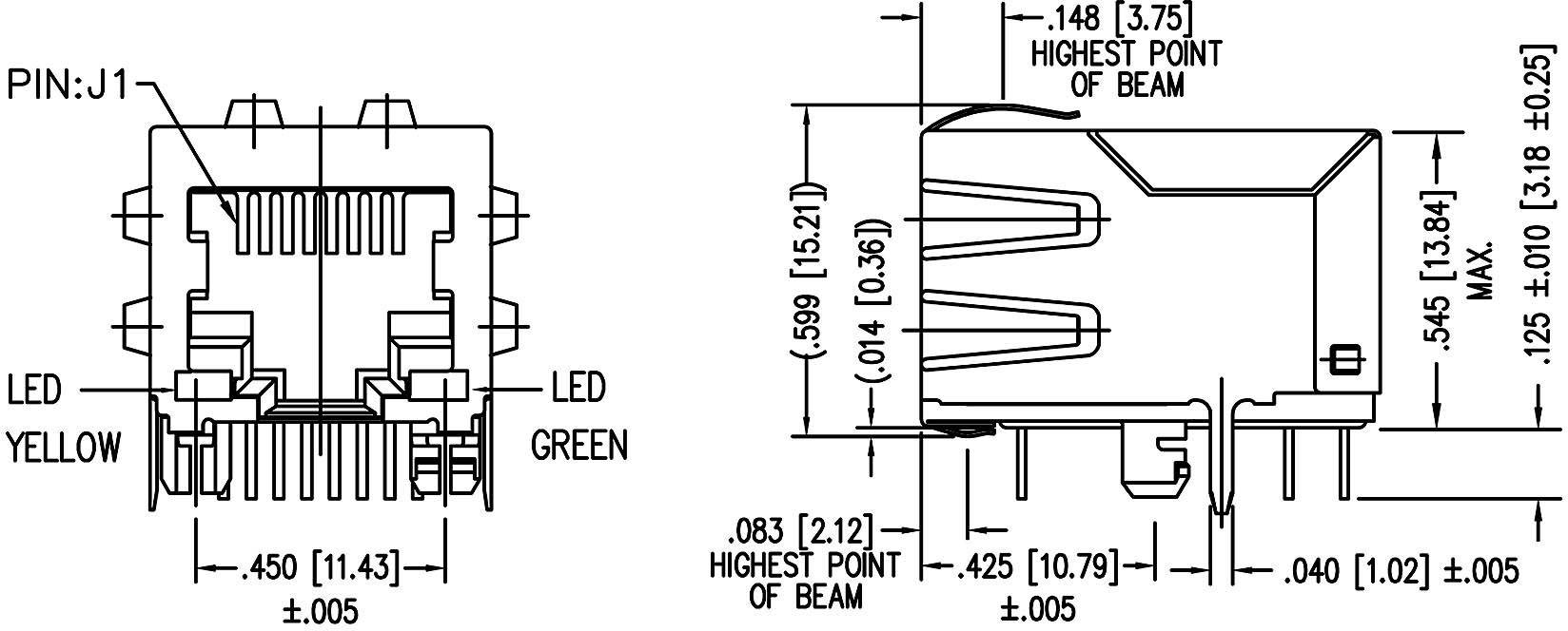 BEL Stewart Connectors MagJack 10/100Base-TX 4 Übertrager mit LEDs Tab down SI-60062-F Buchse, Einbau horizontal 10/100Base-TX Pole: 8P8C Vernickel