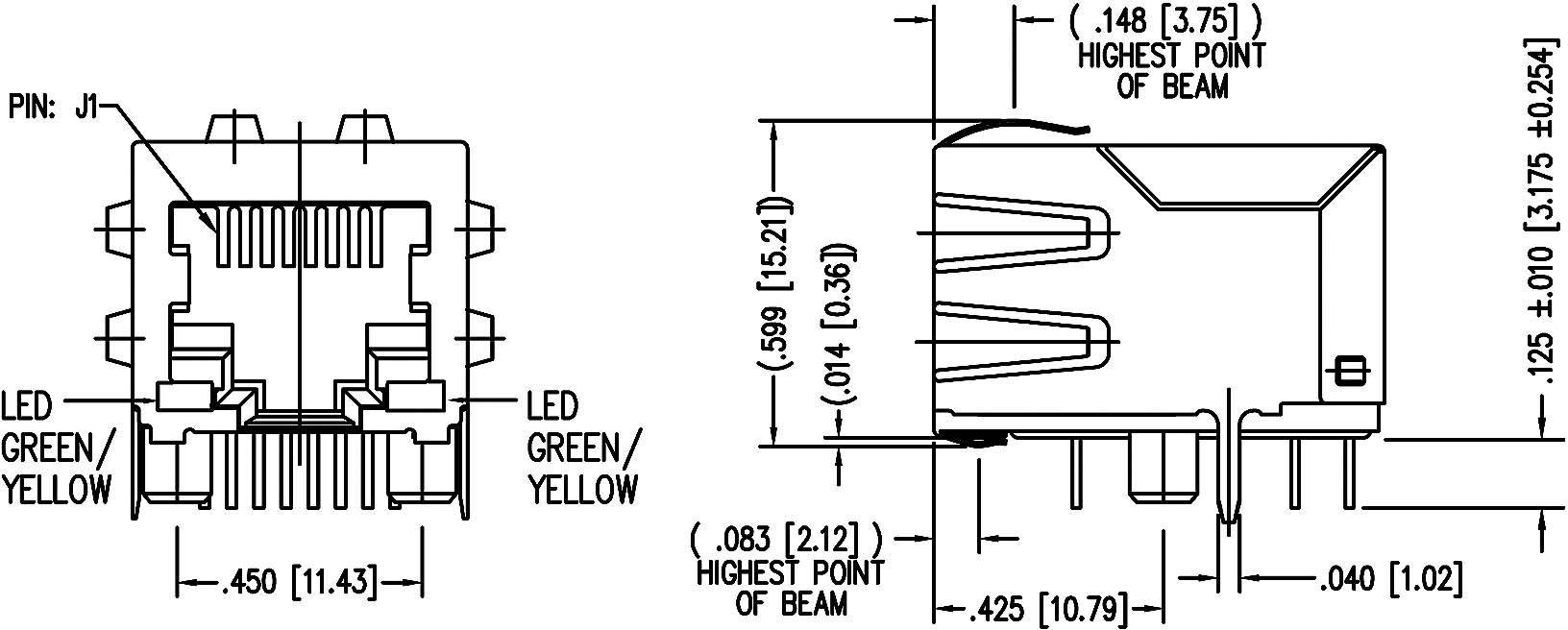 BEL Stewart Connectors MagJack 10/100Base-TX 4 Übertrager mit LEDs Tab down SI-60024-F Buchse, Einbau horizontal 10/100Base-TX