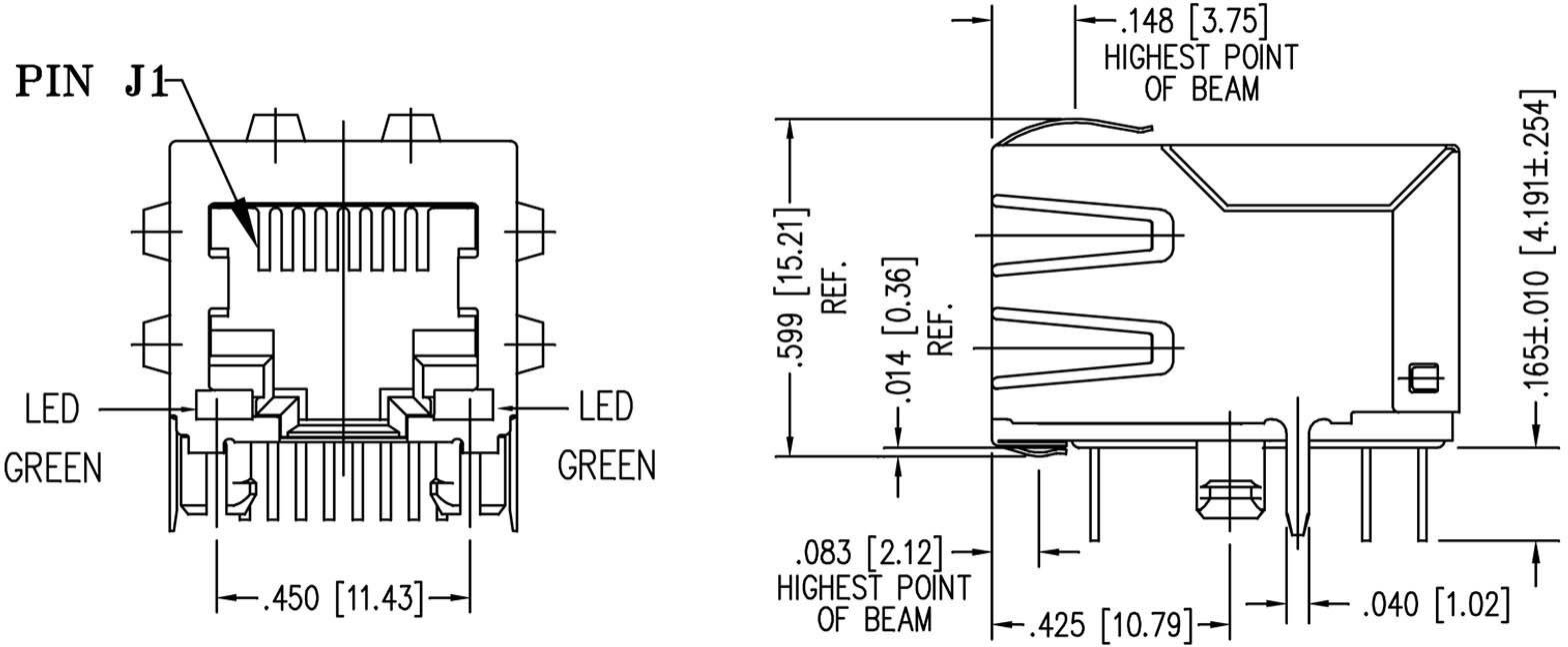 BEL Stewart Connectors MagJack 10/100Base-TX 4 Übertrager mit LEDs Tab down SI-60118-F Buchse, Einb