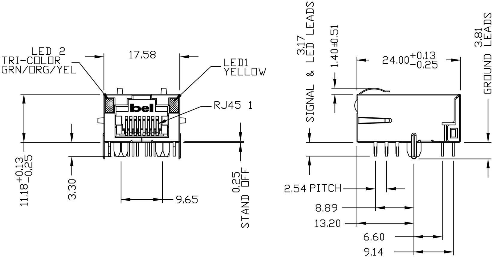 BEL Stewart Connectors MagJack Gigabit Ethernet 8 Übertrager mit LEDs ULP L829-1J1T-43 Buchse, Einbau horizontal Gigabit Ethernet