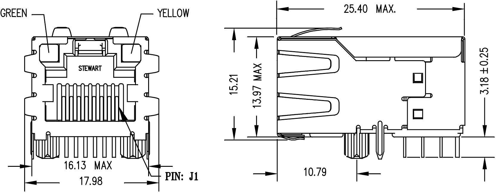 BEL Stewart Connectors SI-52008-F MagJack 10/100Base-TX PoE 4 Übertrager mit LEDs SI-52008-F Buchse, Einbau horizontal PoE Pole