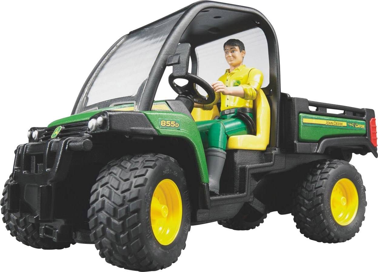 Spielzeugmodell eines Geländefahrzeugs mit Fahrerfigur, grün und schwarz, mit der Aufschrift 'John Deere 855D'.