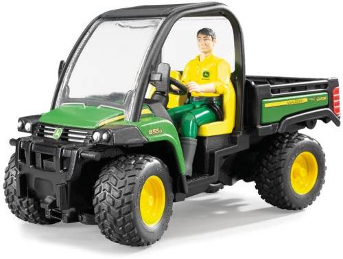 Spielzeug-Geländewagen in Grün und Schwarz mit gelber Sitzfläche, Fahrerfigur im Cockpit, detailreiche Nachbildung.